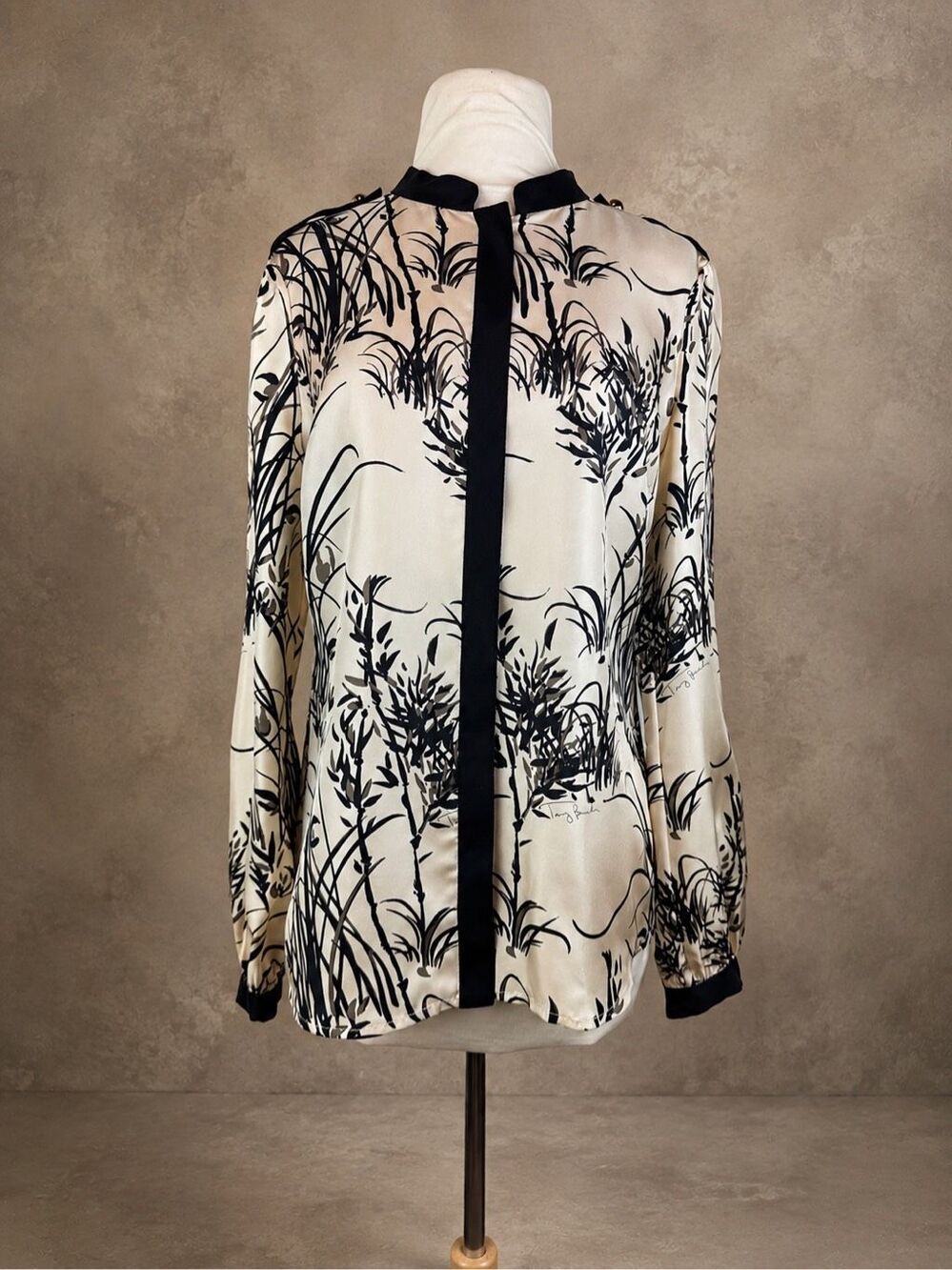 Tory Burch Size 8 100% Silk Botanical Print Blouse Ivory Black